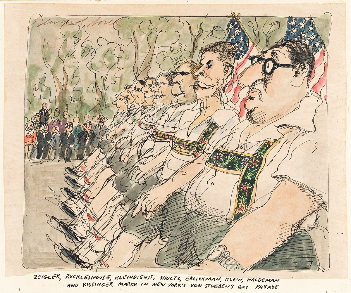 EDWARD SOREL (1929-) Ziegler, Ruckleshouse, Kleindienst . . . March in New Yorks Von Steubens Day Parade.